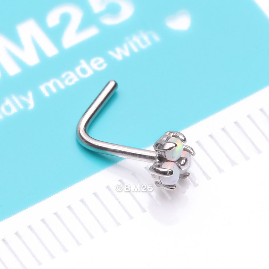 14 Karat White Gold Tri Fire Opal Sparkle Prong Set LShaped Nose Ring